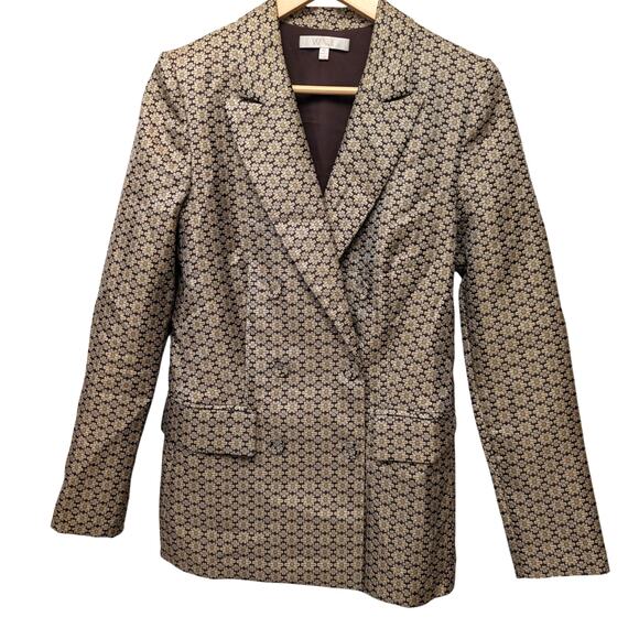 WAYF Finn Metallic Daisy Double Breasted Blazer Beige Brown Work Career Business - Picture 2 of 6